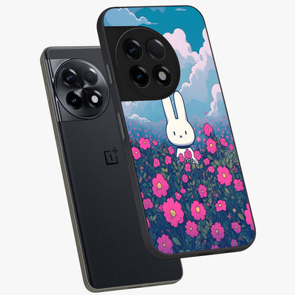 Springtime Blossom Bunny Glass Case for 1+11R angled mockup showcasing glossy finish and soft pastel tones