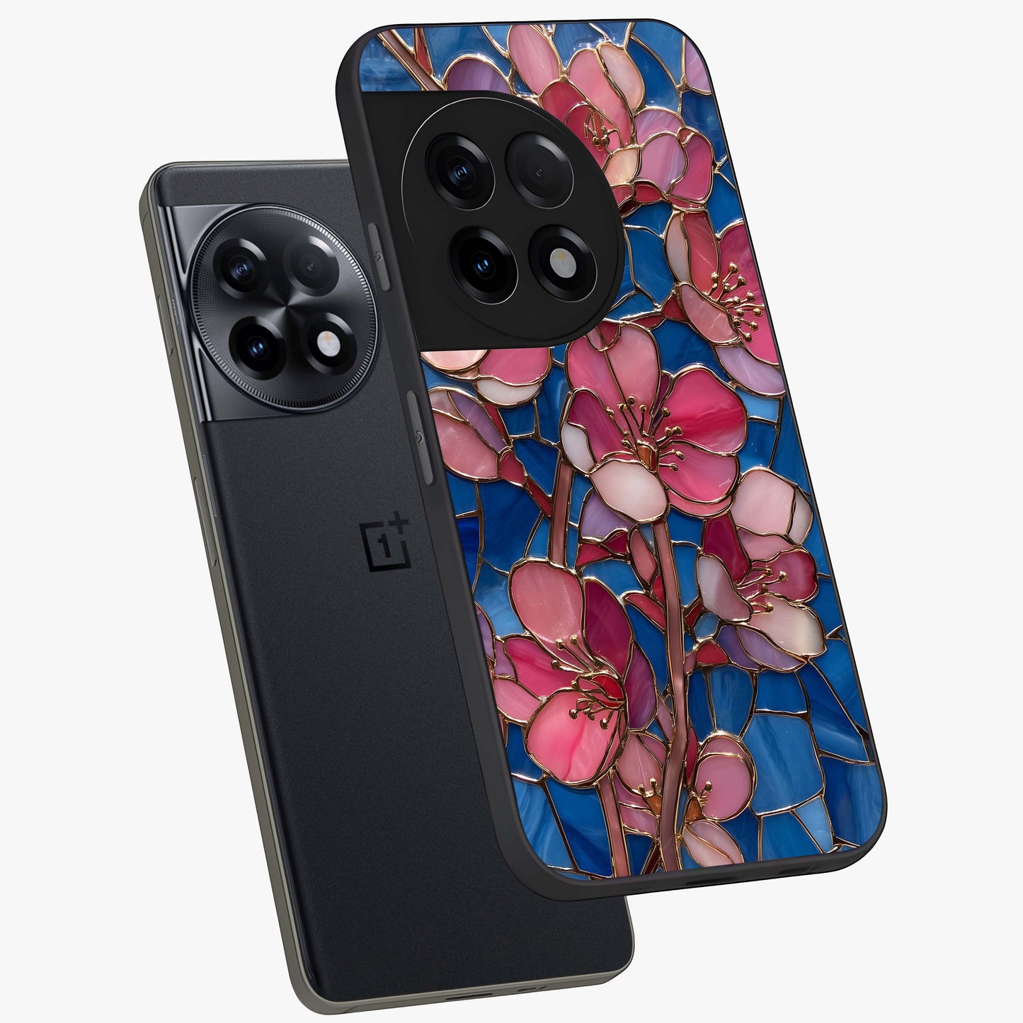 Stained Bloom Grace Glass Case for 1+11R angled mockup showcasing glossy finish and vibrant mosaic tones