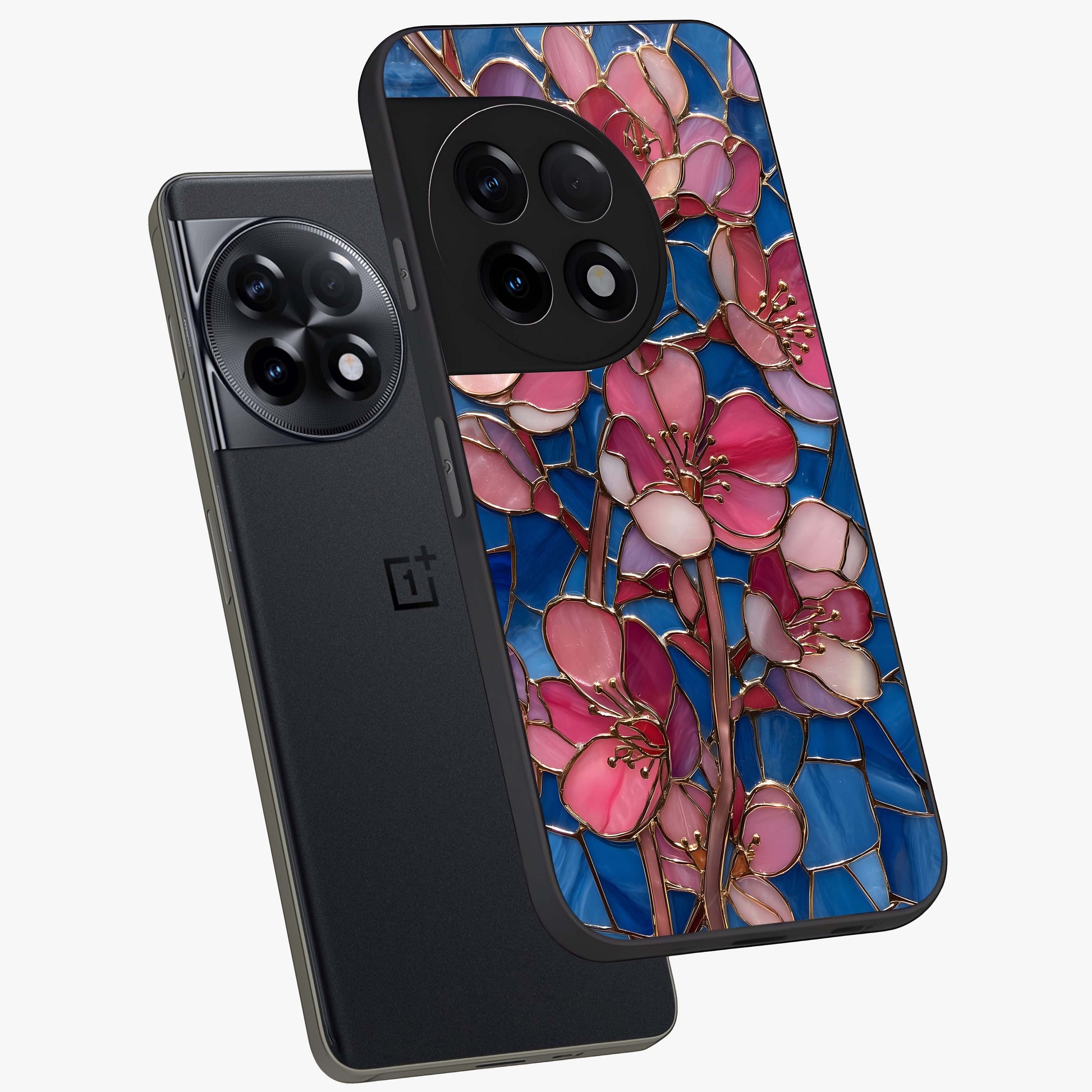 Stained Bloom Grace Glass Case for 1+11R angled mockup showcasing glossy finish and vibrant mosaic tones