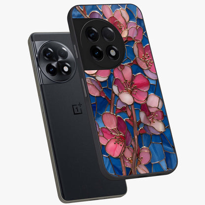 Stained Bloom Grace Glass Case for 1+11R angled mockup showcasing glossy finish and vibrant mosaic tones