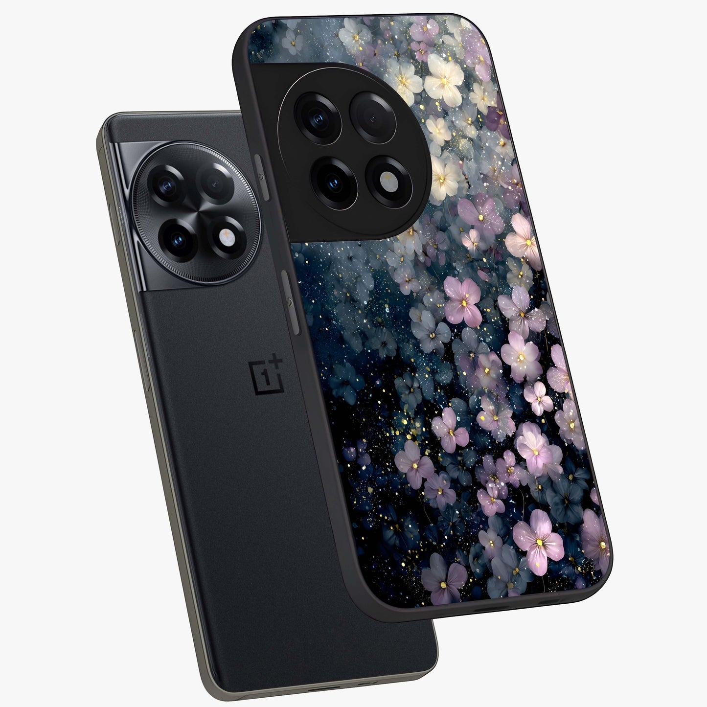 Starlit Blossom Dreams Glass Case for 1+11R angled mockup showcasing glossy finish and soft celestial detailing