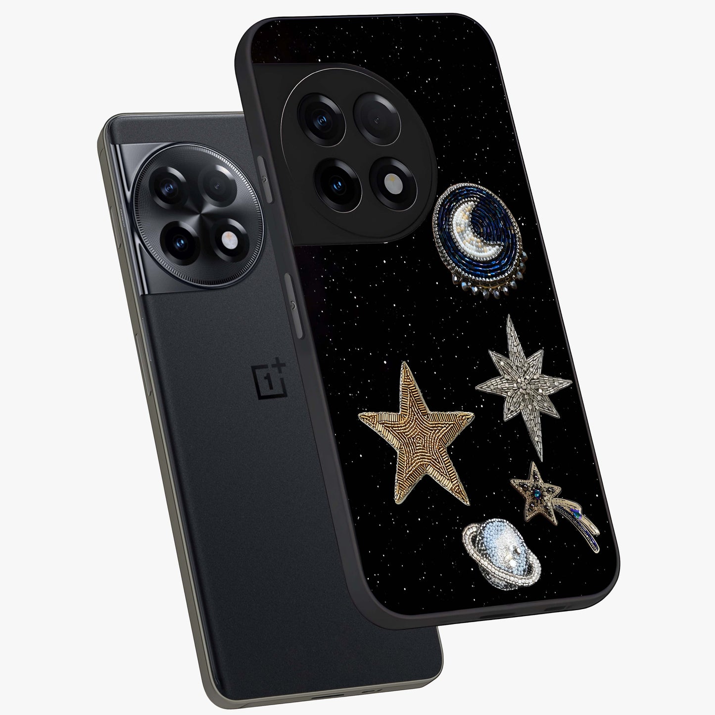Starlit Cosmic Dreams Glass Case for 1+11R angled mockup showcasing glossy finish and deep space gradients