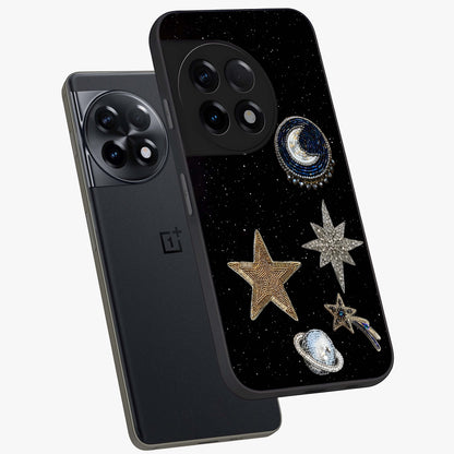Starlit Cosmic Dreams Glass Case for 1+11R angled mockup showcasing glossy finish and deep space gradients