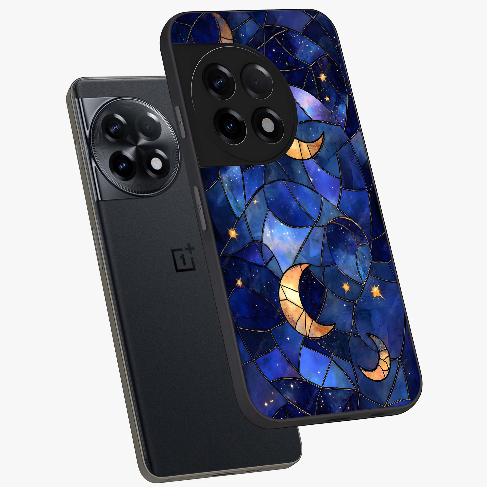 Starlit Sky Tapestry Glass Case for 1+11R angled mockup showcasing glossy finish and rich night tones