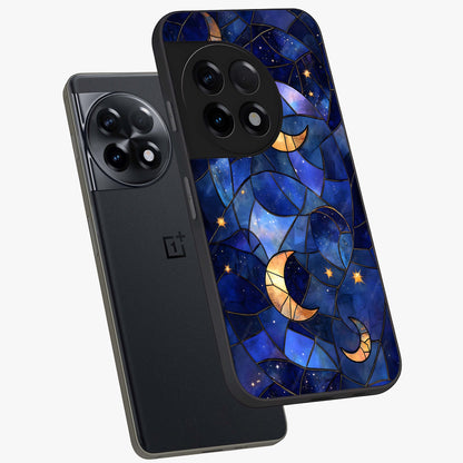 Starlit Sky Tapestry Glass Case for 1+11R angled mockup showcasing glossy finish and rich night tones