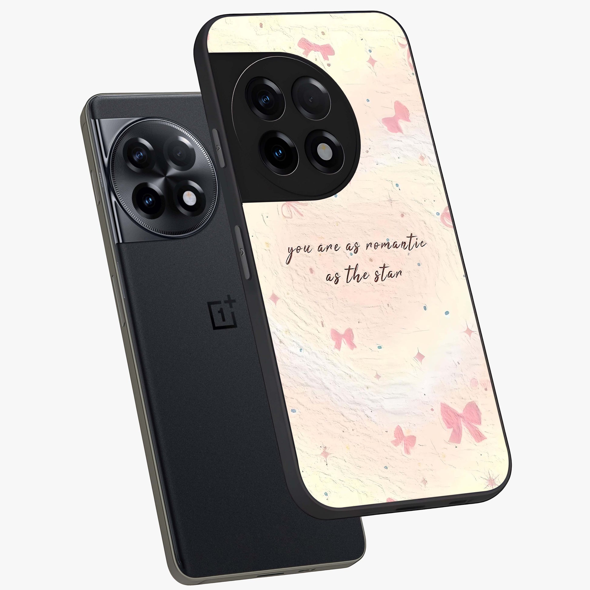 Starry Bow Romance Glass Case for 1+11R angled mockup showcasing glossy finish and soft dreamy tones