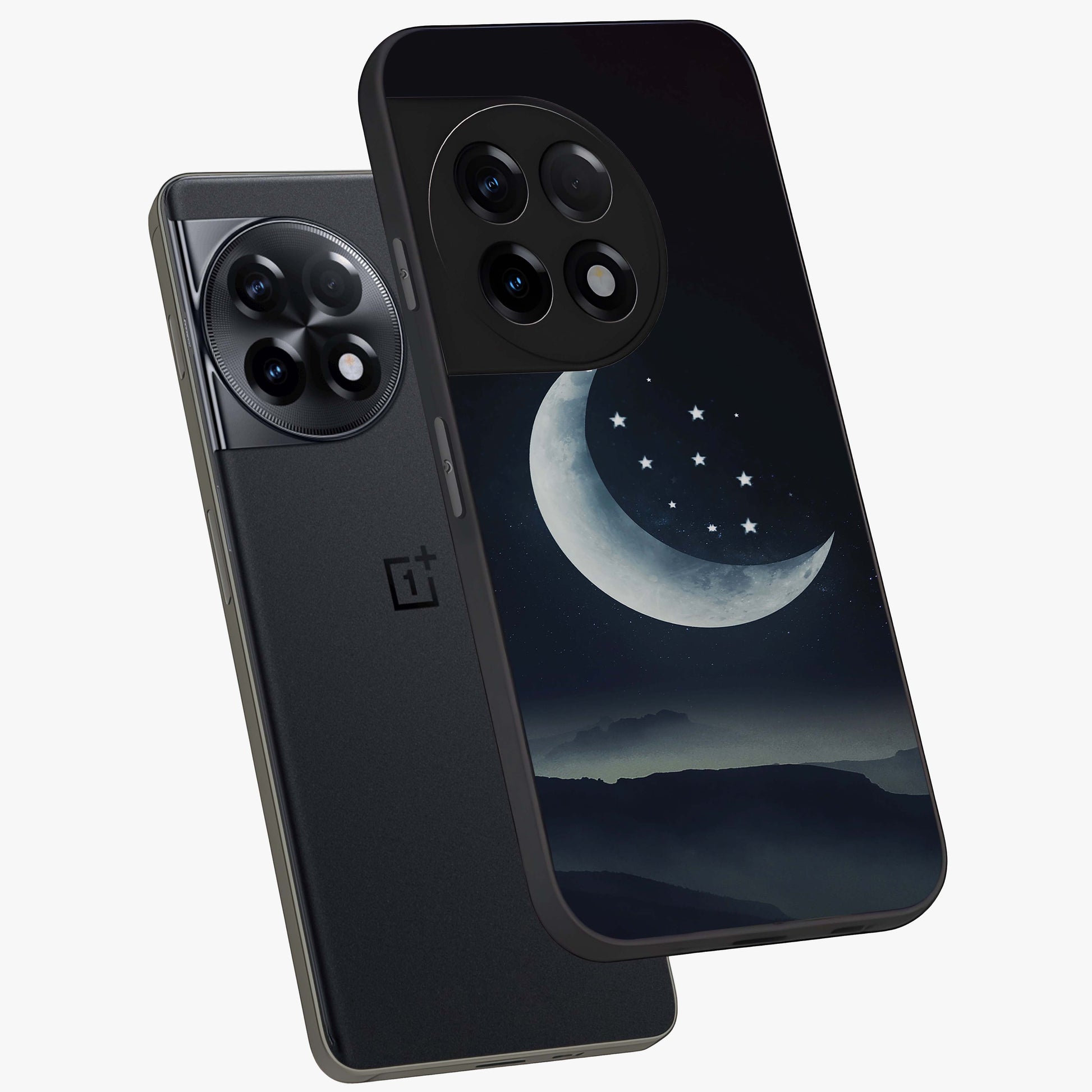 Starry Moon Pattern Glass Case for 1+11R angled mockup showcasing glossy glass finish and deep night tones