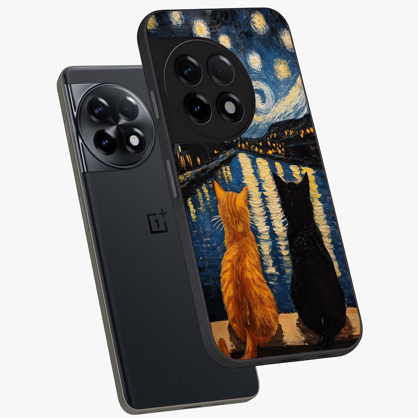 Starry River Cats Glass Case for 1+11R angled mockup showcasing glossy finish and soft cosmic detailing