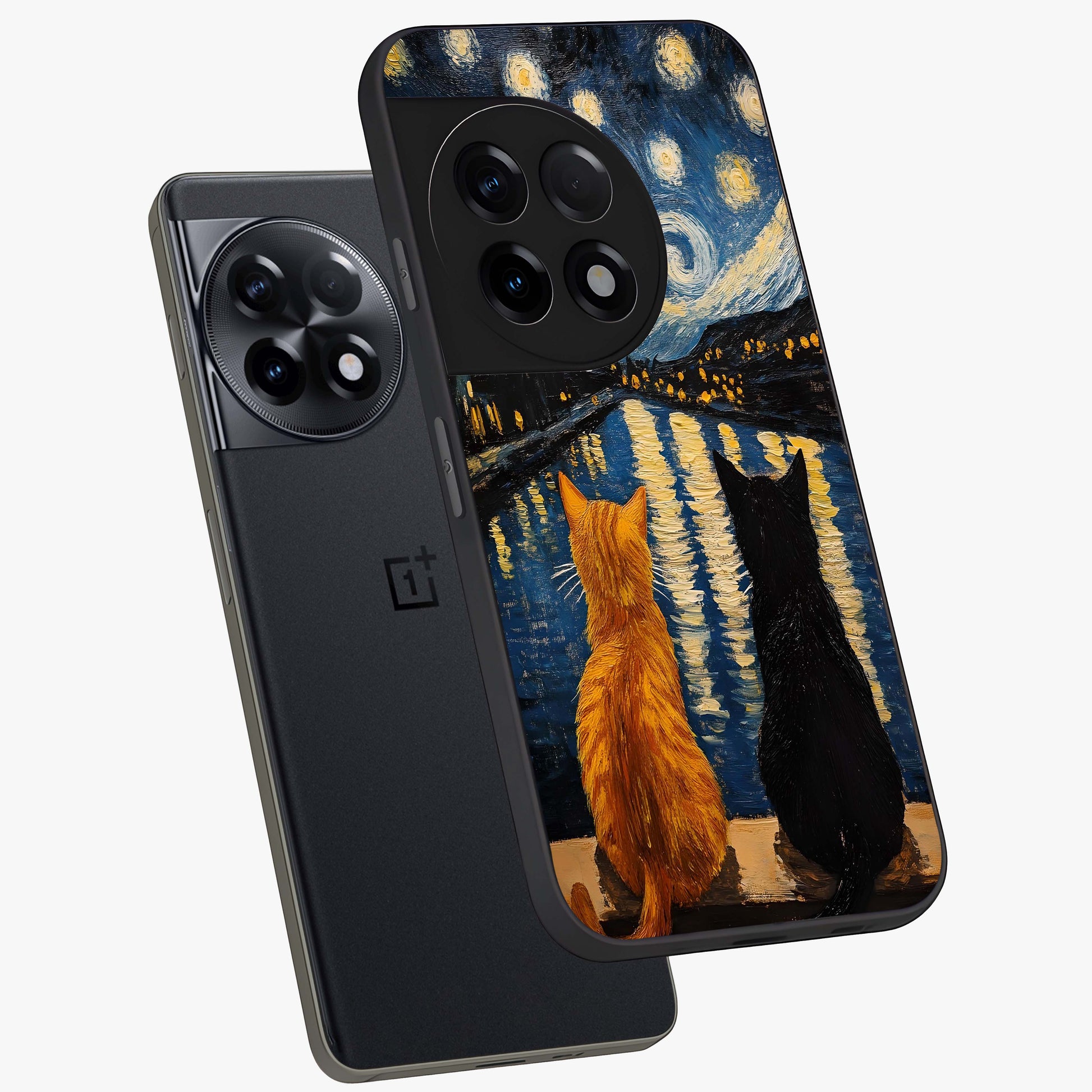 Starry River Cats Glass Case for 1+11R angled mockup showcasing glossy finish and soft cosmic detailing