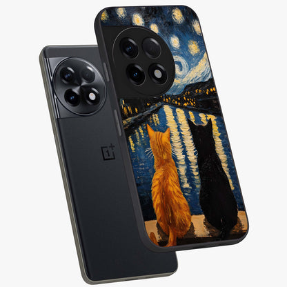 Starry River Cats Glass Case for 1+11R angled mockup showcasing glossy finish and soft cosmic detailing