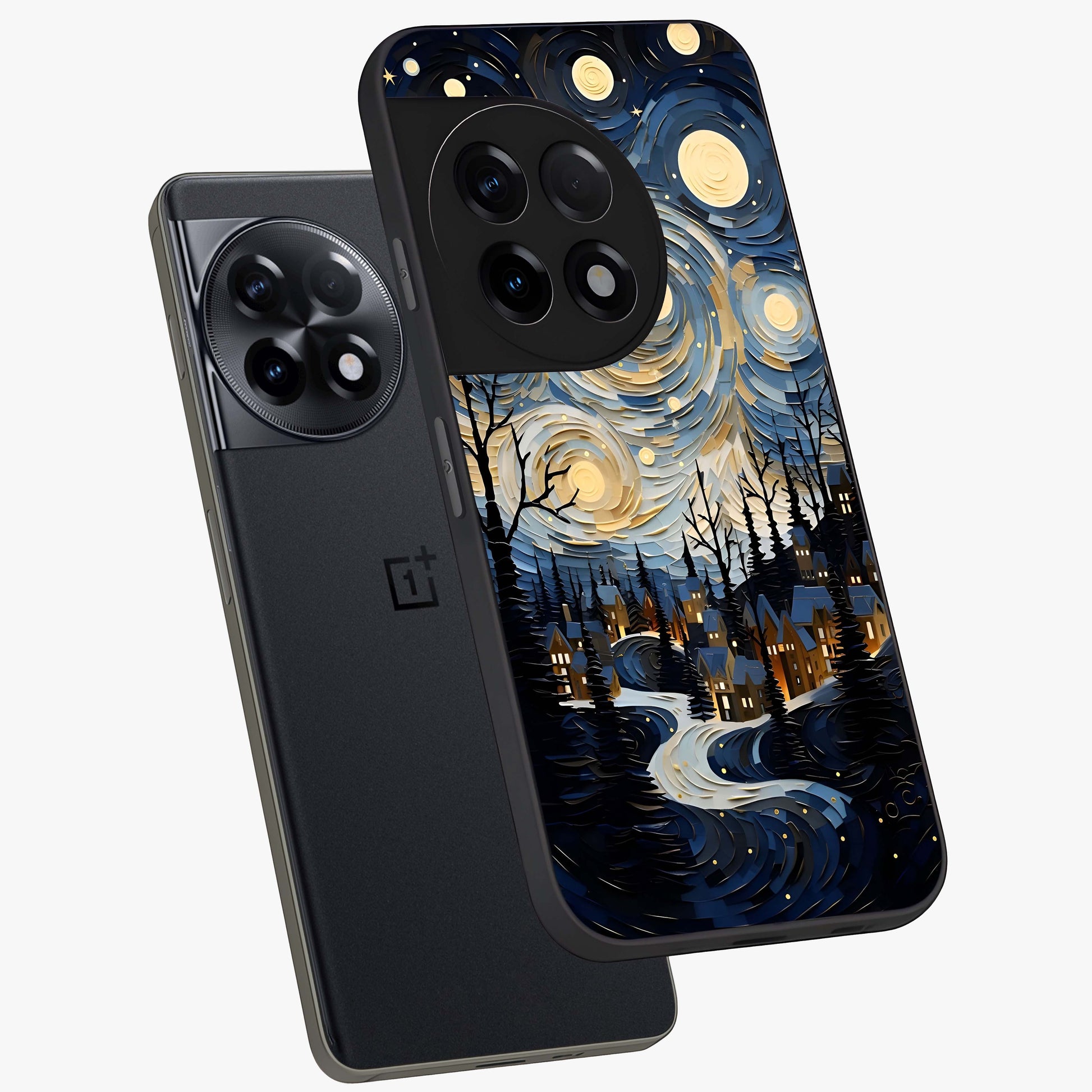 Starry Winter Town Glass Case for 1+11R angled mockup showcasing glossy finish and cool winter tones