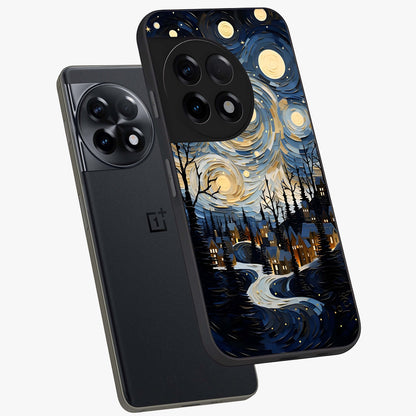 Starry Winter Town Glass Case for 1+11R angled mockup showcasing glossy finish and cool winter tones