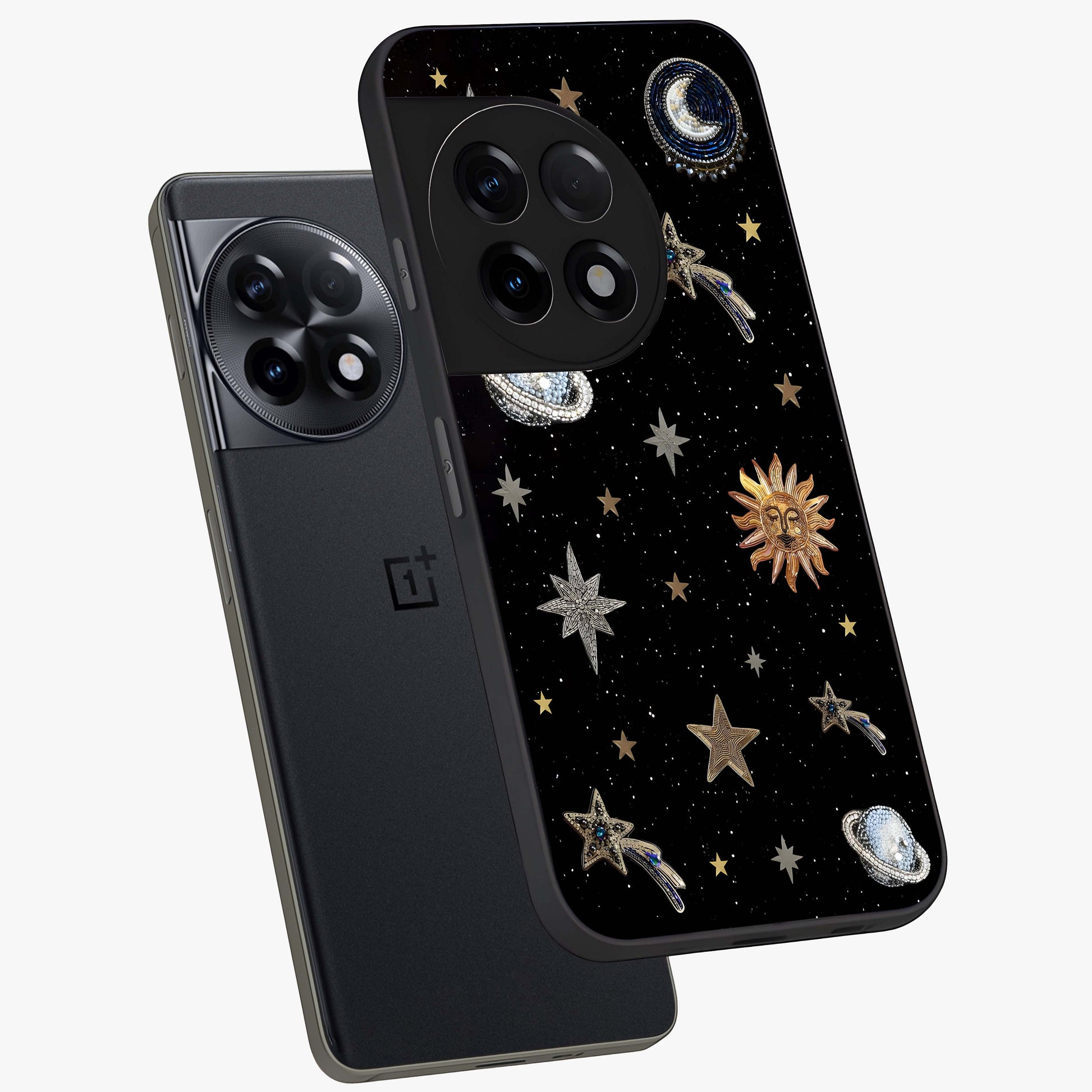 Stars and Planets Brooches Glass Case for 1+11R angled mockup showcasing glossy finish and luminous space tones