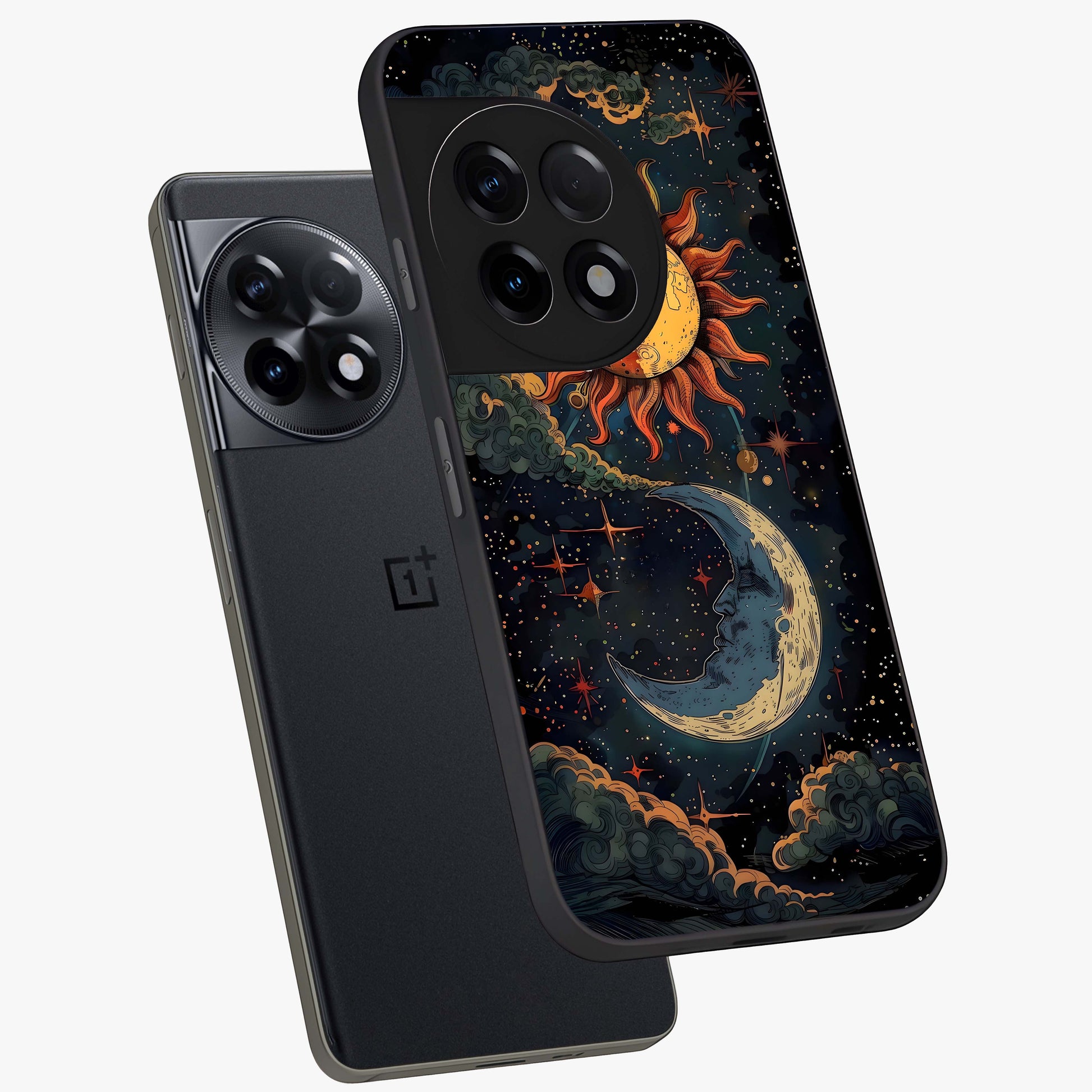 Sun and Moonflowers Glass Case for 1+11R angled mockup showcasing glossy finish and warm radiant tones