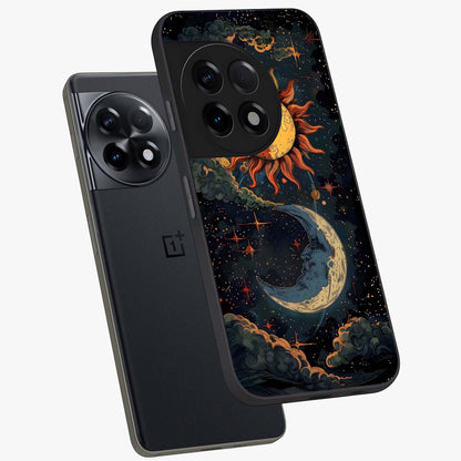 Sun and Moonflowers Glass Case for 1+11R angled mockup showcasing glossy finish and warm radiant tones