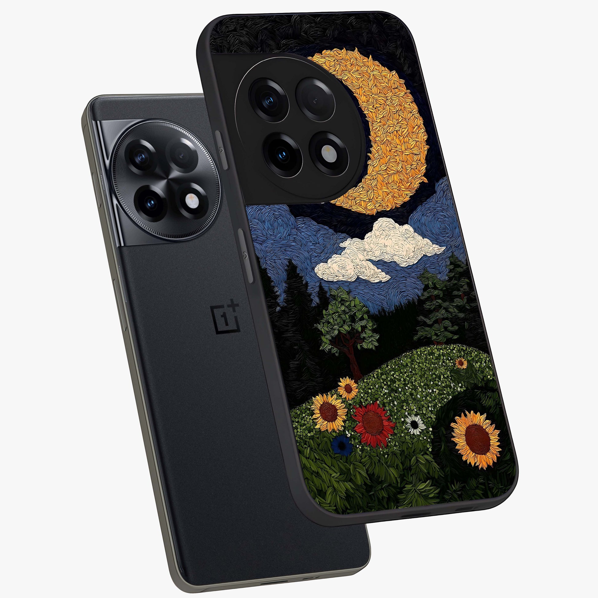 Sun and Moon Magic Design Glass Case for 1+11R angled mockup showcasing glossy finish and mystical gradient tones