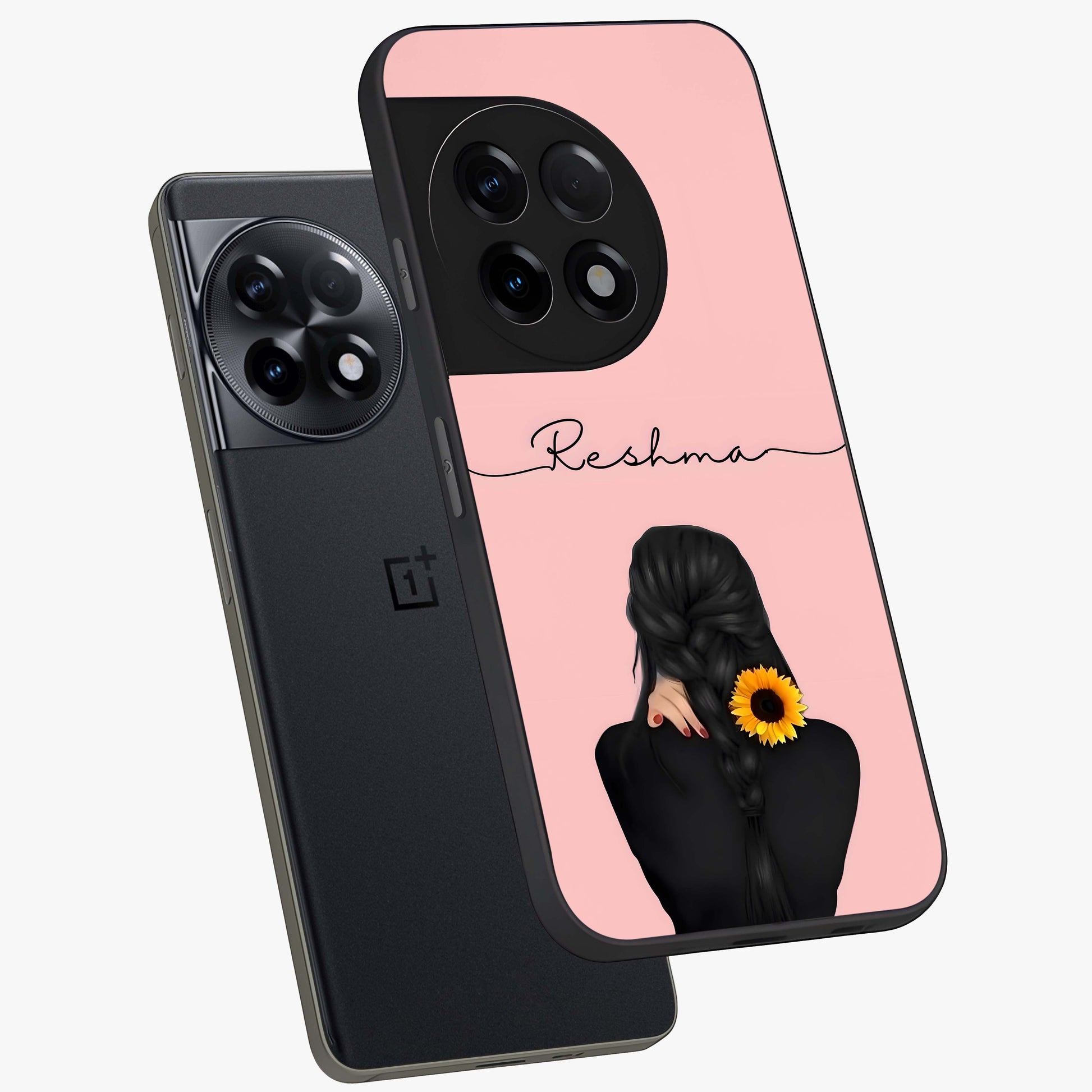 Sun Moon Flowers Glass Case for 1+11R angled mockup showcasing glossy finish and balanced celestial tones