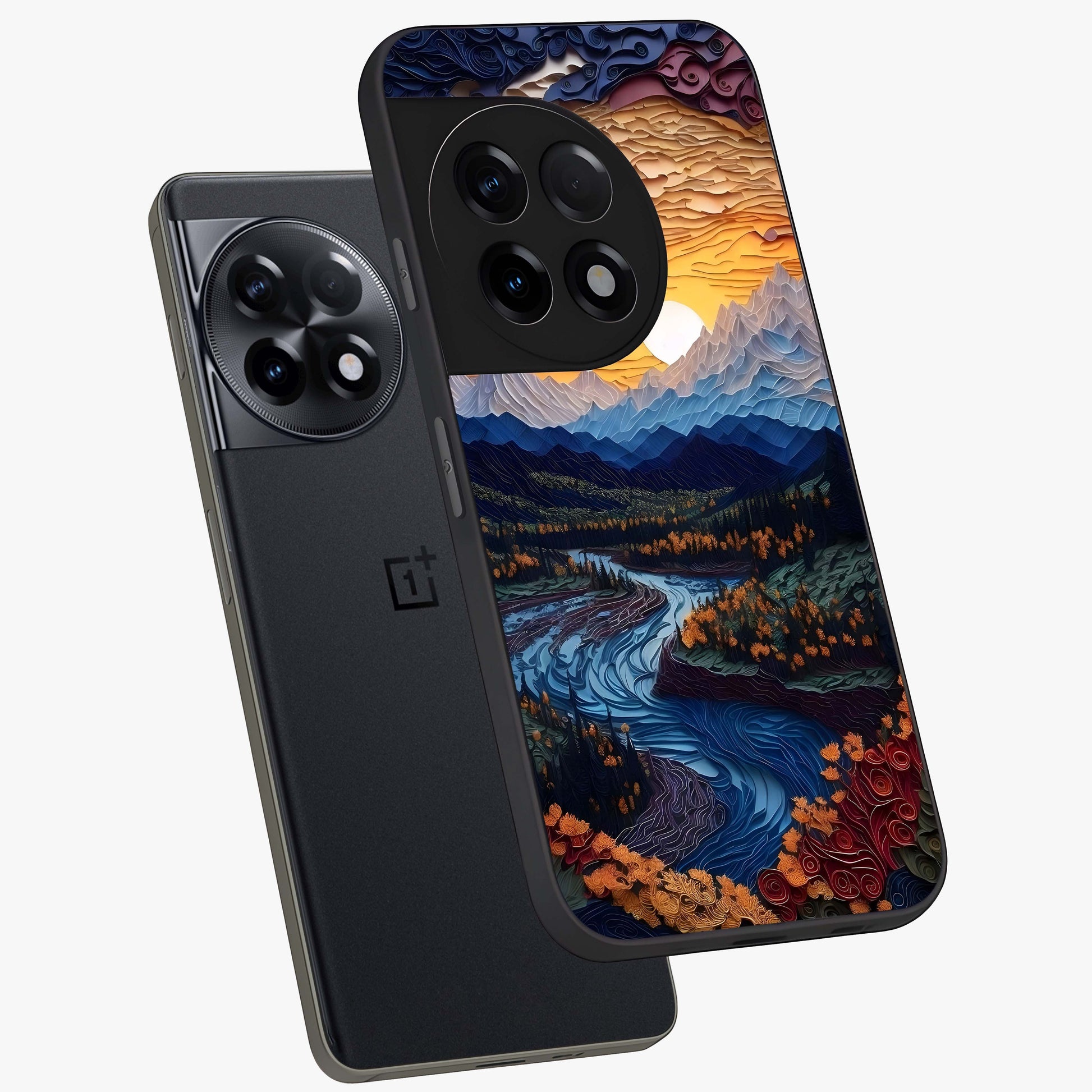 Sunrise River Dreams Glass Case for 1+11R angled mockup showcasing glossy finish and soft pastel gradients