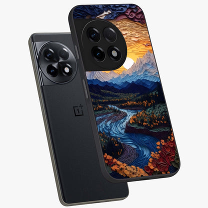 Sunrise River Dreams Glass Case for 1+11R angled mockup showcasing glossy finish and soft pastel gradients