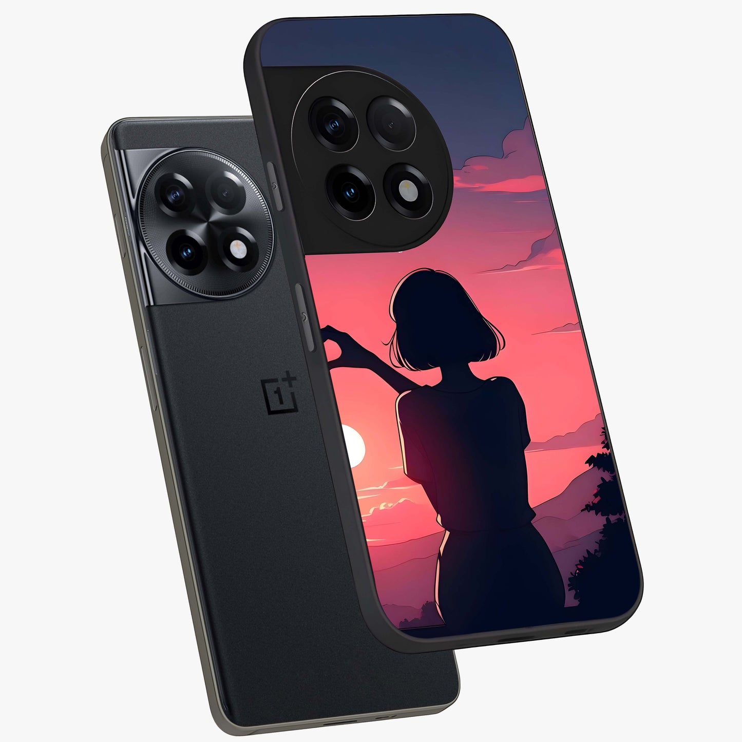 Sunset Silhouette Boy Glass Case for 1+11R angled mockup showcasing glossy finish and rich orange tones