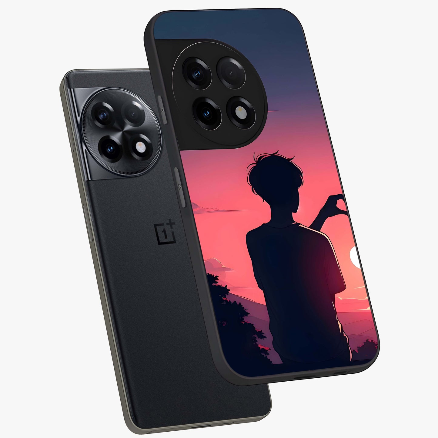 Sunset Silhouette Girl Glass Case for 1+11R angled mockup showcasing glossy finish and warm gradient tones