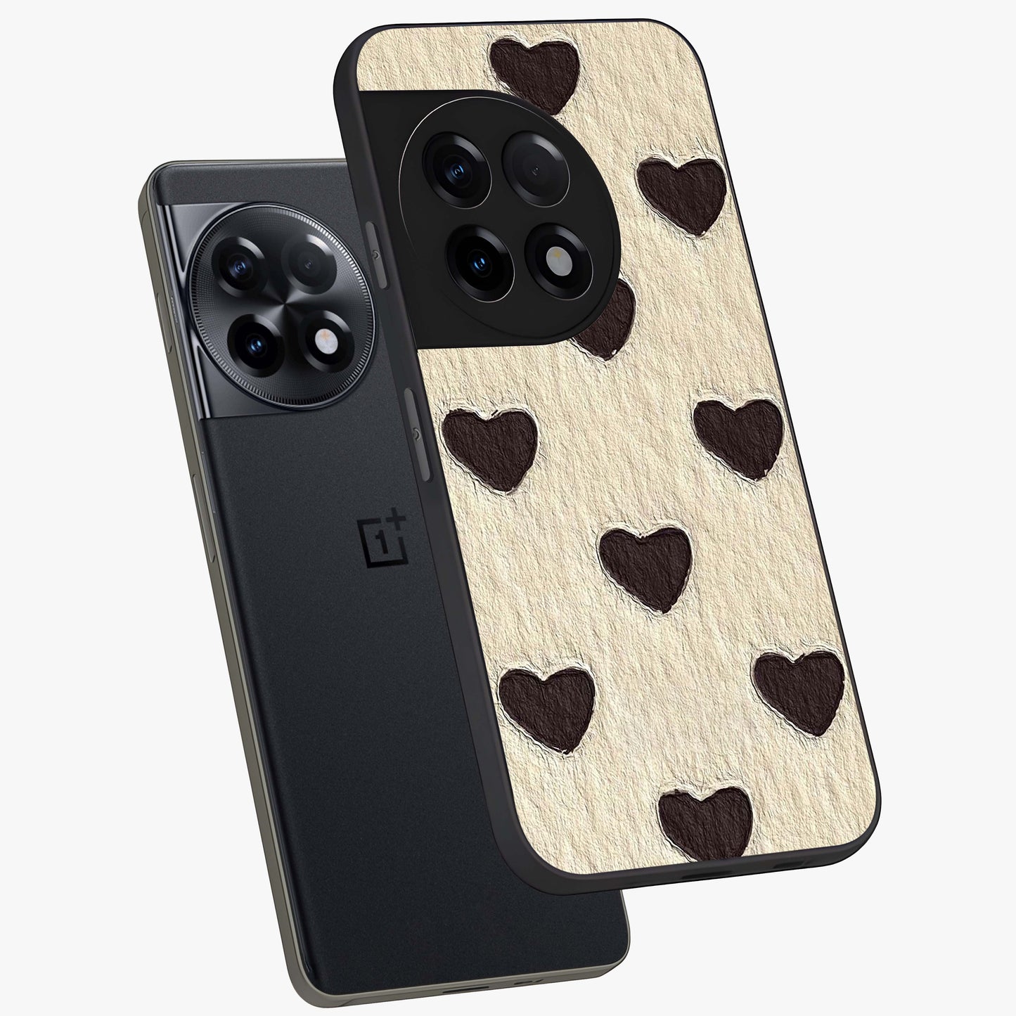 Textured Love Pattern Glass Case for 1+11R angled mockup showcasing glossy finish and subtle pattern detailing