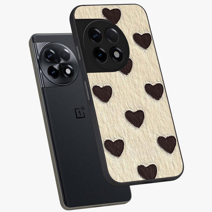 Textured Love Pattern Glass Case for 1+11R angled mockup showcasing glossy finish and subtle pattern detailing