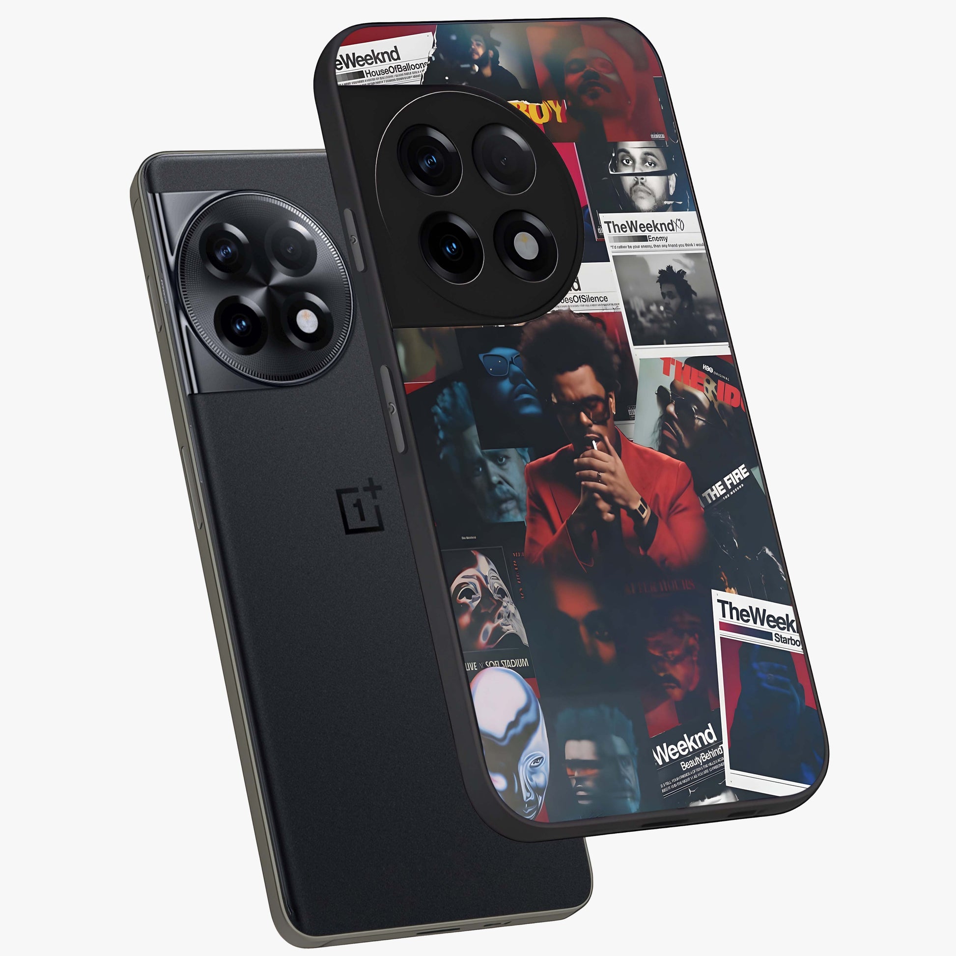 The Weeknd Glass Case for 1+11R angled mockup showcasing glossy finish and bold modern tones