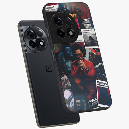 The Weeknd Glass Case for 1+11R angled mockup showcasing glossy finish and bold modern tones