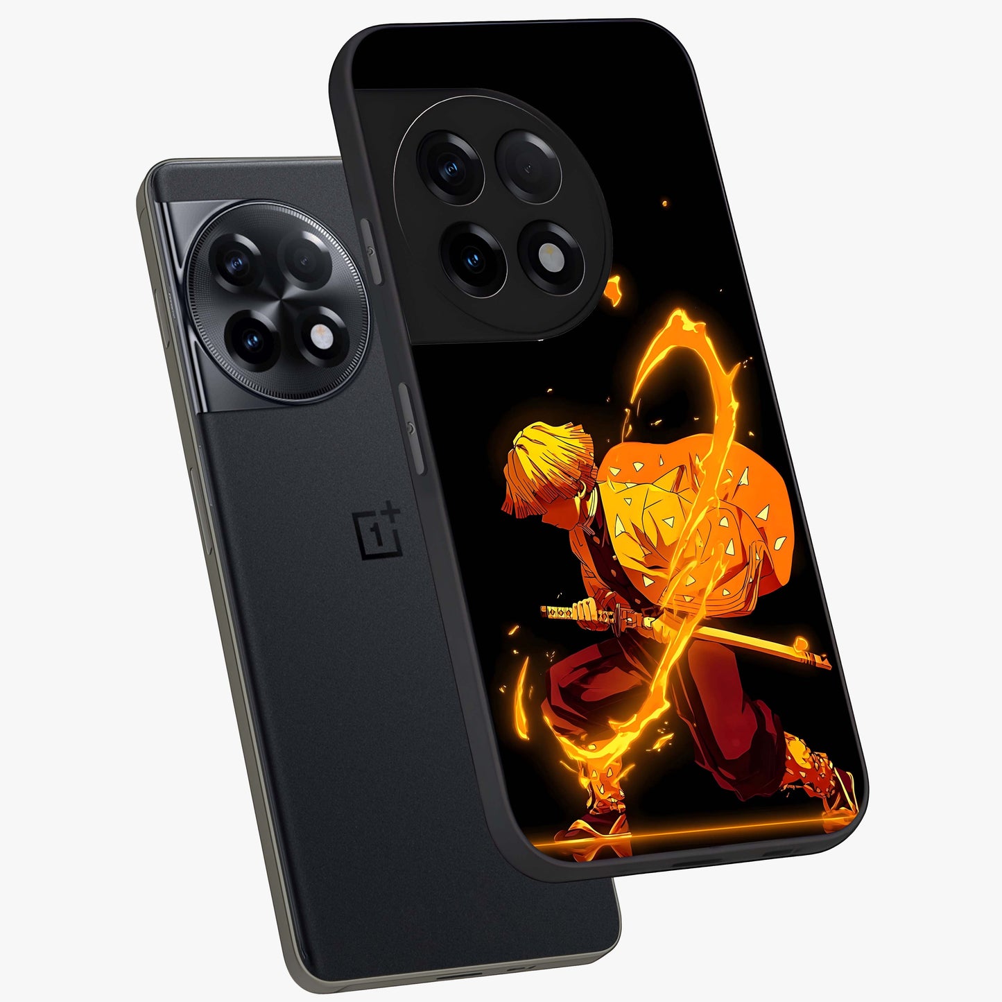 Thunder Flame Execution Glass Case for 1+11R angled mockup showcasing glossy finish and dramatic high contrast tones