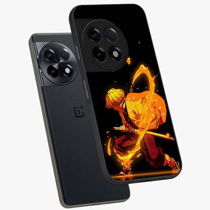 Thunder Flame Execution Glass Case for 1+11R angled mockup showcasing glossy finish and dramatic high contrast tones