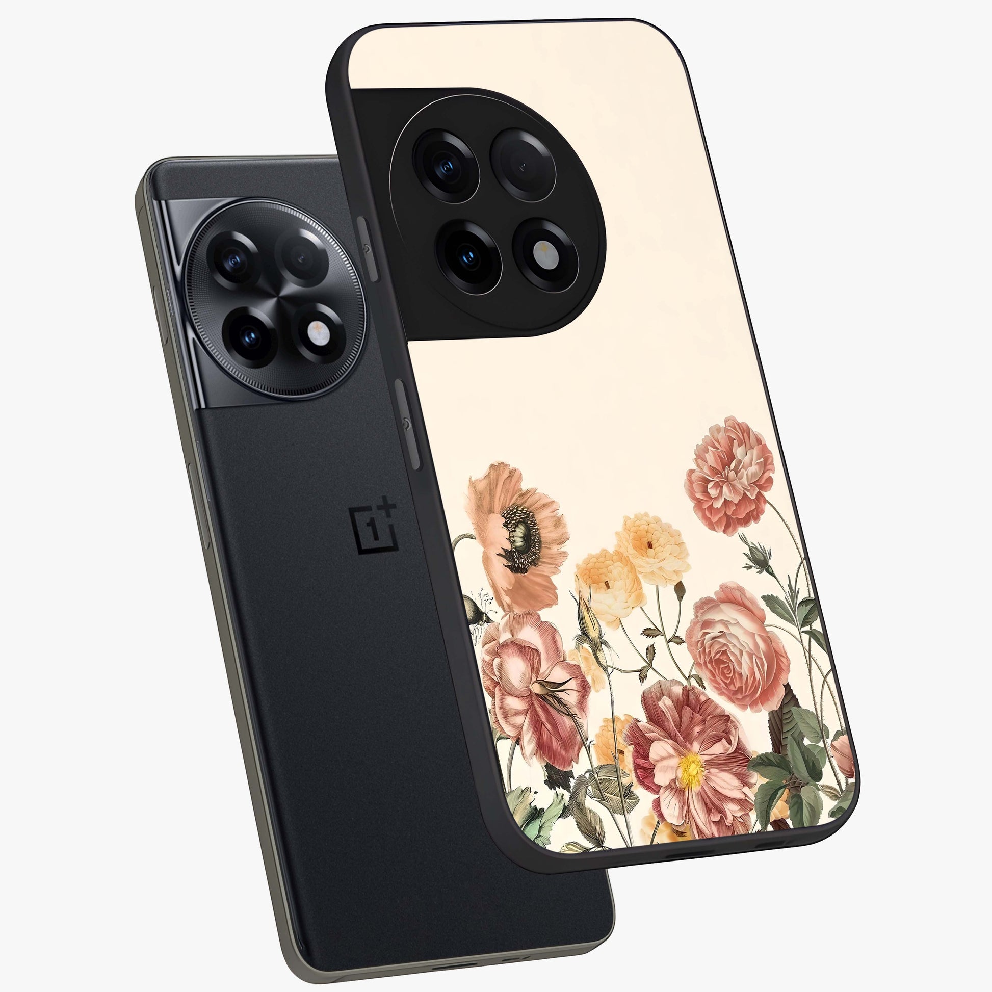 Timeless Garden Romance Glass Case for 1+11R angled mockup showcasing glossy finish and soft romantic tones