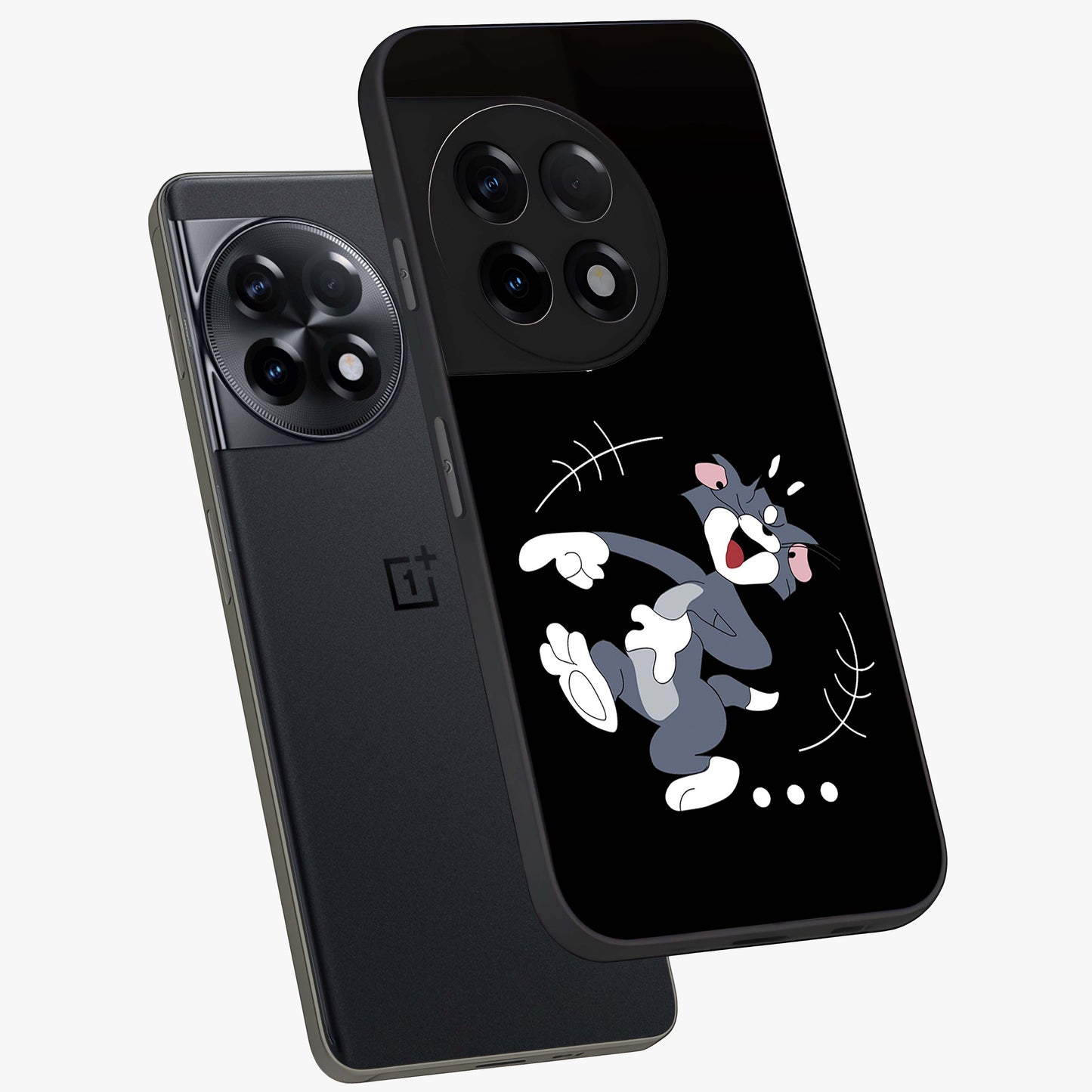 Tom in Trouble Glass Case for 1+11R angled mockup showcasing glossy finish and vibrant cartoon detailing