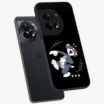 Tom in Trouble Glass Case for 1+11R angled mockup showcasing glossy finish and vibrant cartoon detailing