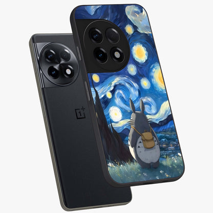 Totoro in Van Gogh Art Glass Case for 1+11R angled mockup showcasing glossy finish and vibrant brushstroke detailing