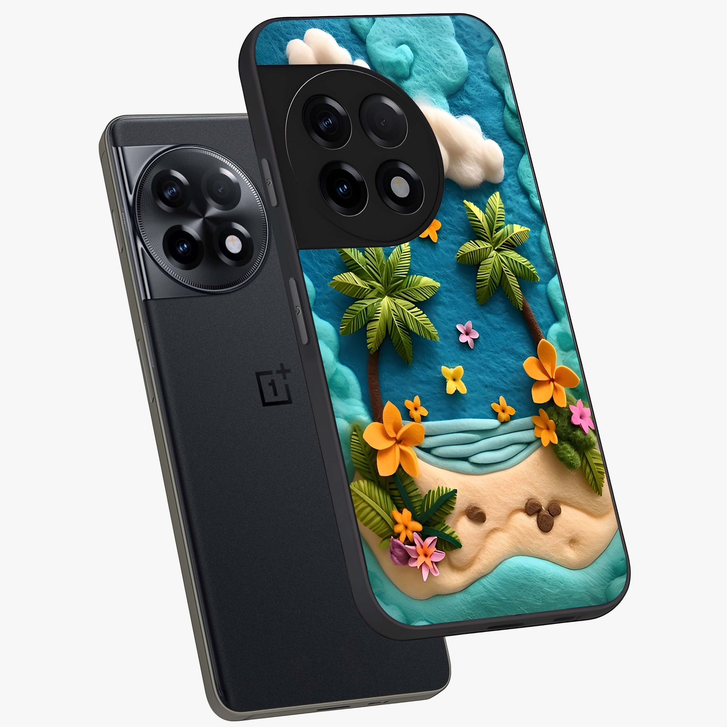 Tropical Felt Escape Glass Case for 1+11R angled mockup showcasing glossy finish and vibrant island tones