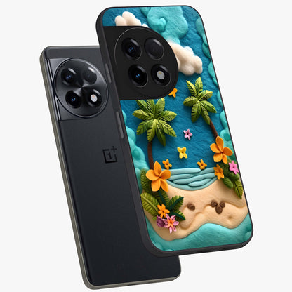 Tropical Felt Escape Glass Case for 1+11R angled mockup showcasing glossy finish and vibrant island tones