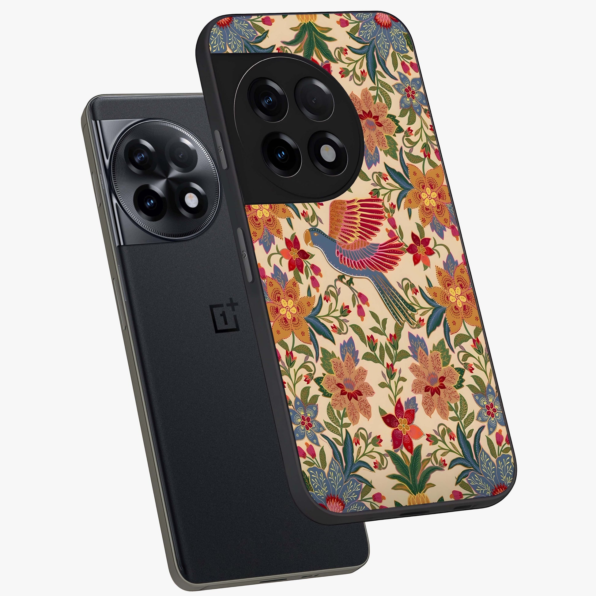 Tropical Folk Art Bird Glass Case for 1+11R angled mockup showcasing glossy finish and rich cultural tones