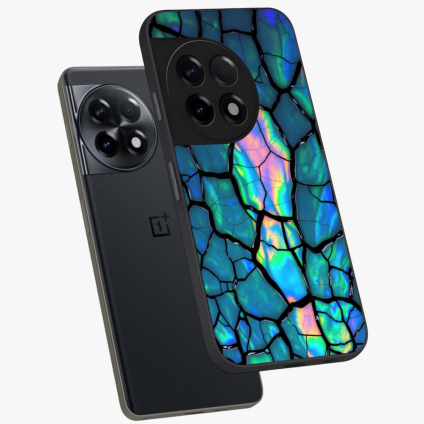 Tropical Wing Vibe Glass Case for 1+11R angled mockup showcasing glossy finish and bold gradient detailing