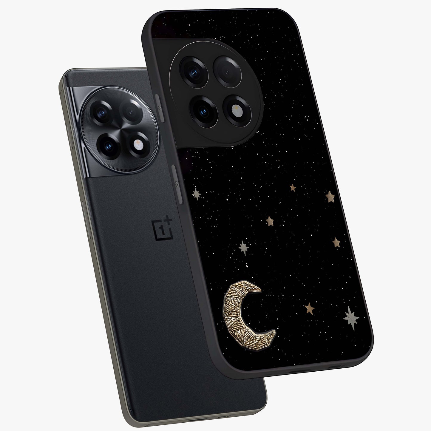 Twinkle Star With Half Moon Glass Case for 1+11R angled mockup showcasing glossy finish and celestial night tones