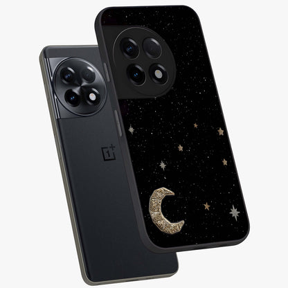 Twinkle Star With Half Moon Glass Case for 1+11R angled mockup showcasing glossy finish and celestial night tones