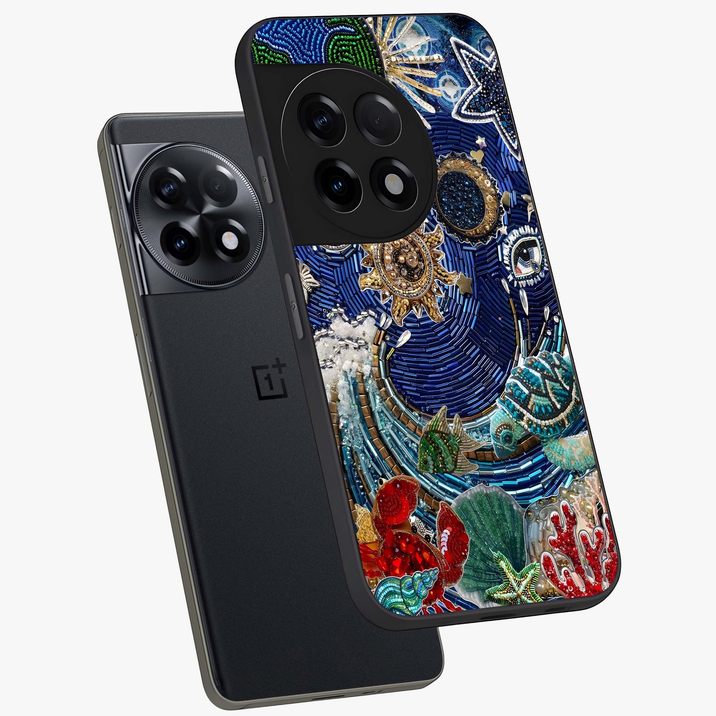 Universe Underwater Spark Glass Case for 1+11R angled mockup showcasing glossy finish and glowing blue gradients