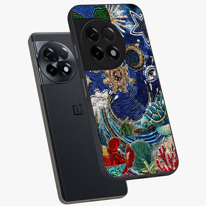 Universe Underwater Spark Glass Case for 1+11R angled mockup showcasing glossy finish and glowing blue gradients