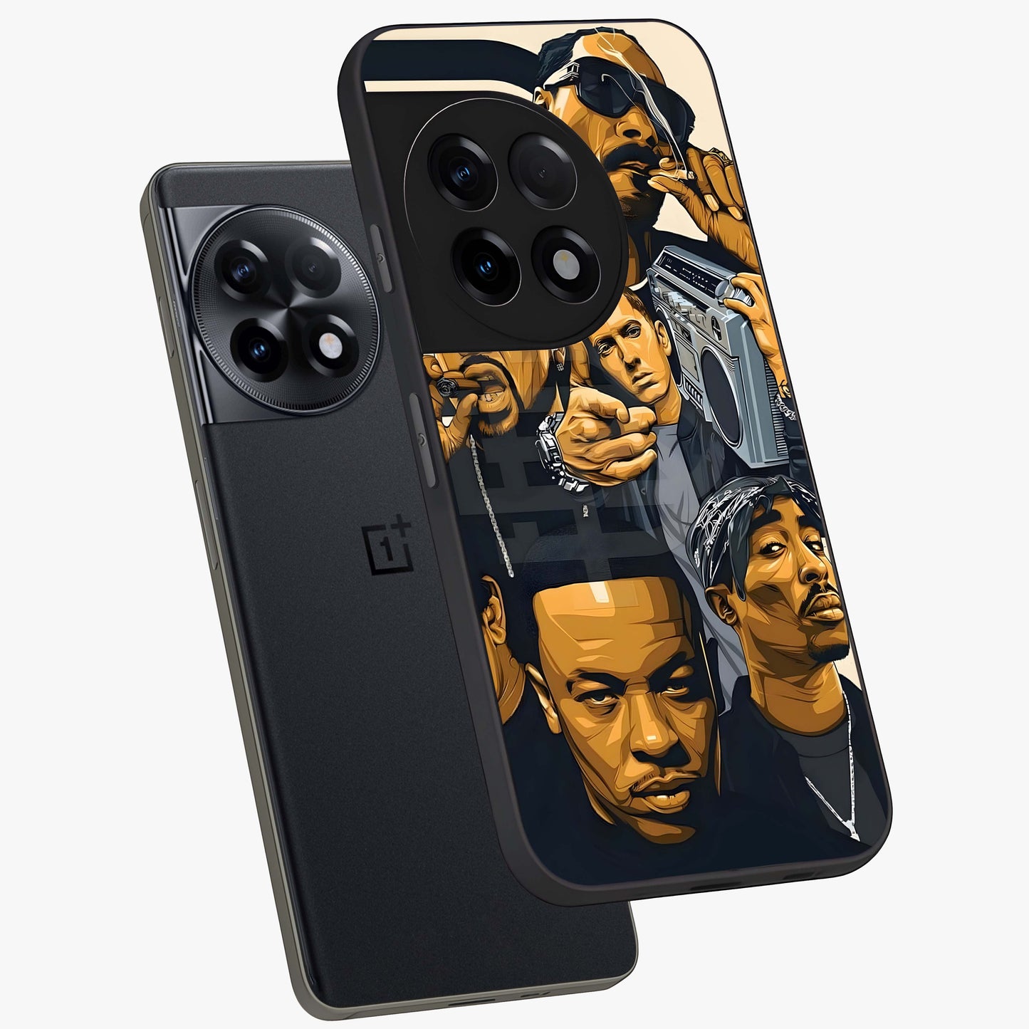 Urban Rap Legends Glass Case for 1+11R angled mockup showcasing glossy finish and edgy urban detailing