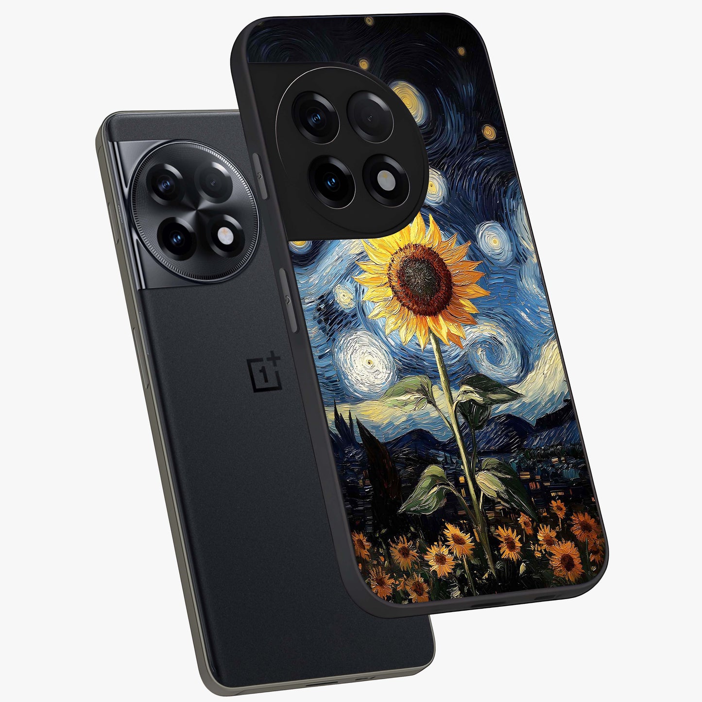 Van Gogh Sunflower Glass Case for 1+11R angled mockup showcasing glossy finish and bold yellow tones