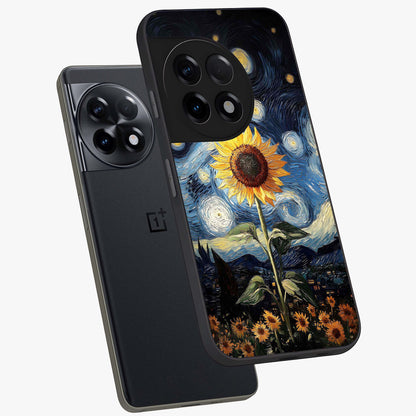 Van Gogh Sunflower Glass Case for 1+11R angled mockup showcasing glossy finish and bold yellow tones