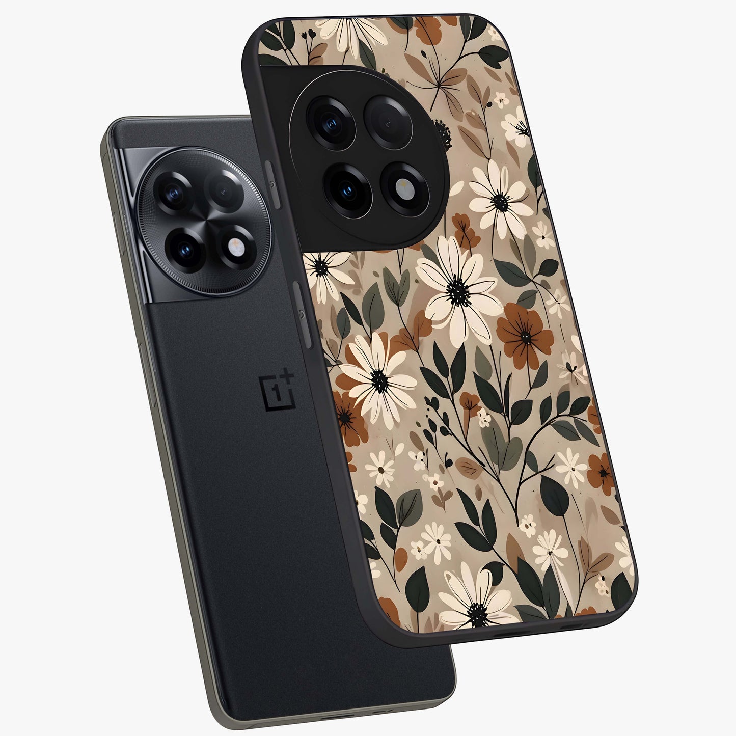 Vector Flowers Glass Case for 1+11R angled mockup showcasing glossy glass finish and crisp graphic detailing