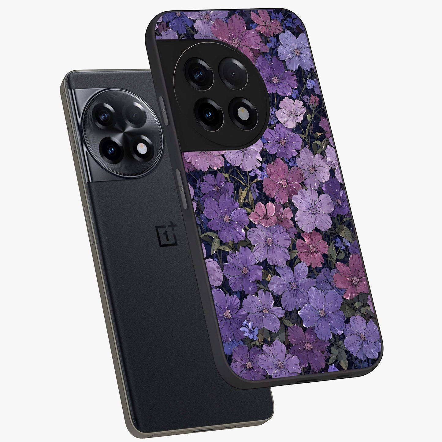 Velvet Bloom Tapestry Glass Case for 1+11R angled mockup showcasing glossy finish and deep velvet tones