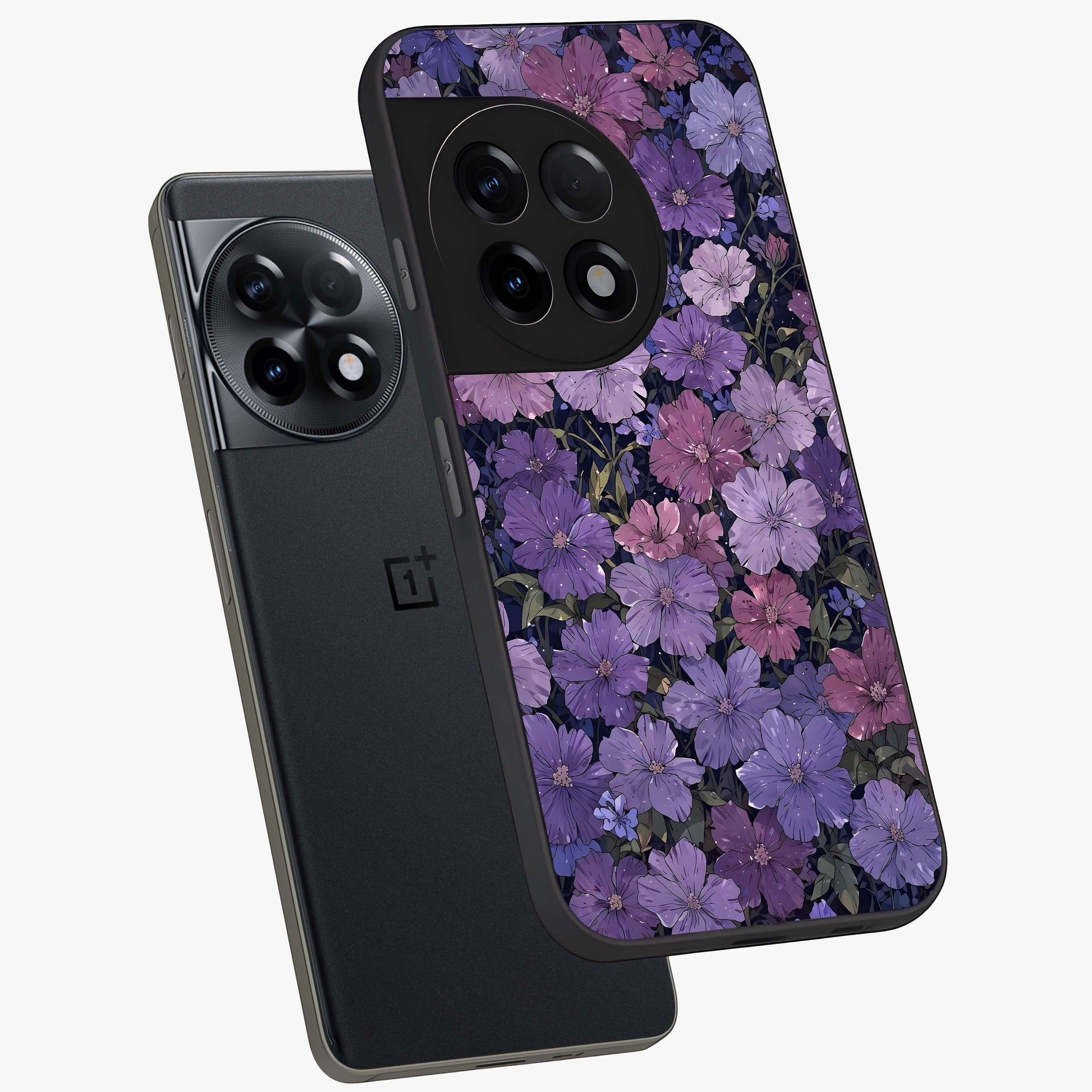 Velvet Bloom Tapestry Glass Case for 1+11R angled mockup showcasing glossy finish and deep velvet tones