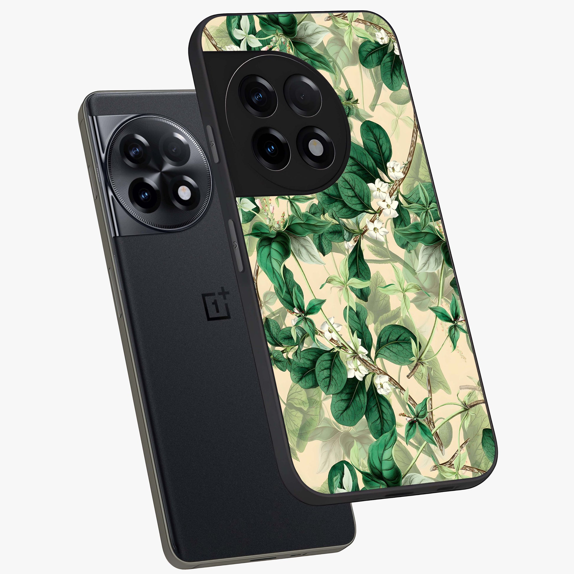 Verdant Garden Whispers Glass Case for 1+11R angled mockup showcasing glossy finish and natural earthy tones